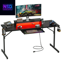 63" Gaming Desk with LED Lights & Power Outlets, Monitor Stand & Keyboard Tray for Home Office, Carbon Fiber Black