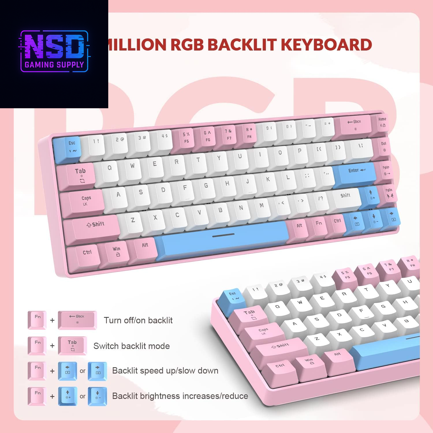 RK-T8 Wired 65% Mechanical Gaming Keyboard with RGB LED Backlit Anti-Ghosting TKL Mini 68 Key Custom Coiled C to a Cable Tactile Blue Switch for PS4 PS5 Xbox PC Mac Gamer(Pink/White/Blue)