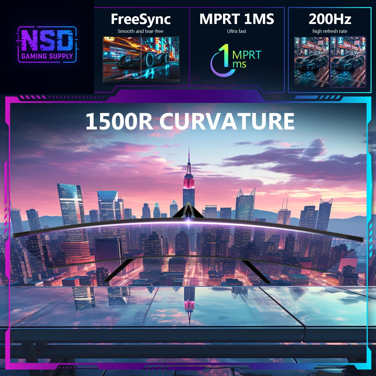 27 Inch 200Hz Curved Gaming Monitor, FHD 1080P VA Display, 1Ms MPRT, AMD Freesync, HDR Support, VESA Mount Compatible