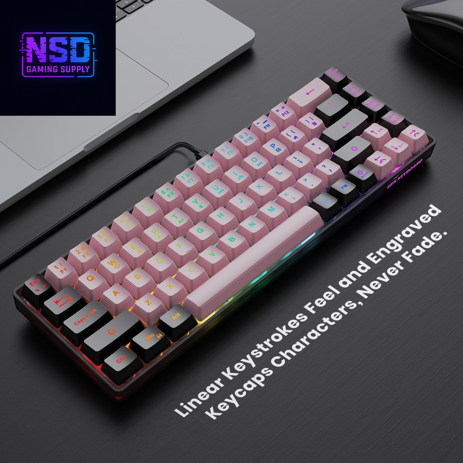 65% Wired Gaming Keyboard, LED Backlit, Ultra-Compact Anti-Ghosting No-Conflict 68 Keys Membrane Gaming Wired Keyboard for PC Laptop Windows Gamer(Pink-Black)