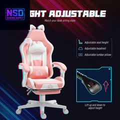 HOMCOM Cute Pink Gaming Chair with Footrest – Reclining Gamer Chair with Cat Ears, Faux Leather, and Adjustable Height