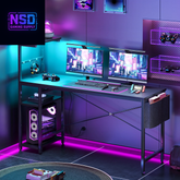 61" Reversible Gaming Desk Computer Desk with LED Lights 4 Tier Shelves Black