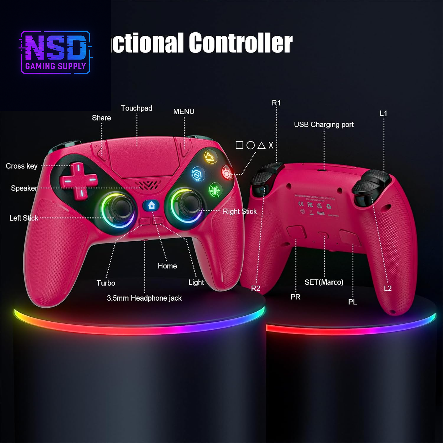LED RGB Wireless Controller – For PS5 / Slim / Pro / PC | Dual Vibration, Turbo, Programmable, 9 Light Modes, 3.5mm Audio Jack
