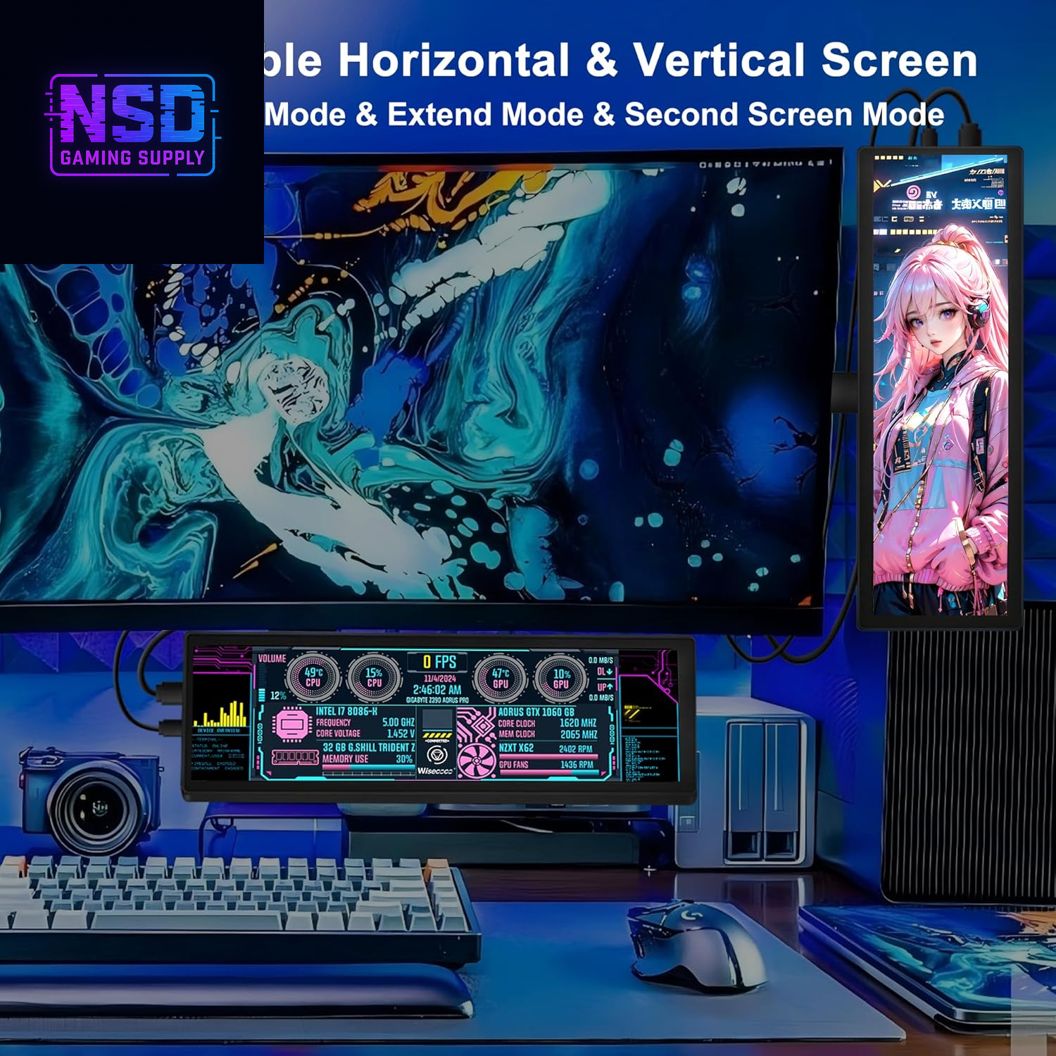 8.8 Inch FHD Computer Secondary Screen IPS 1920X480 LCD Display CPU Temperature Monitor with Casing for Computer Case Temperature Windows Aida64 CPU GPU Monitor