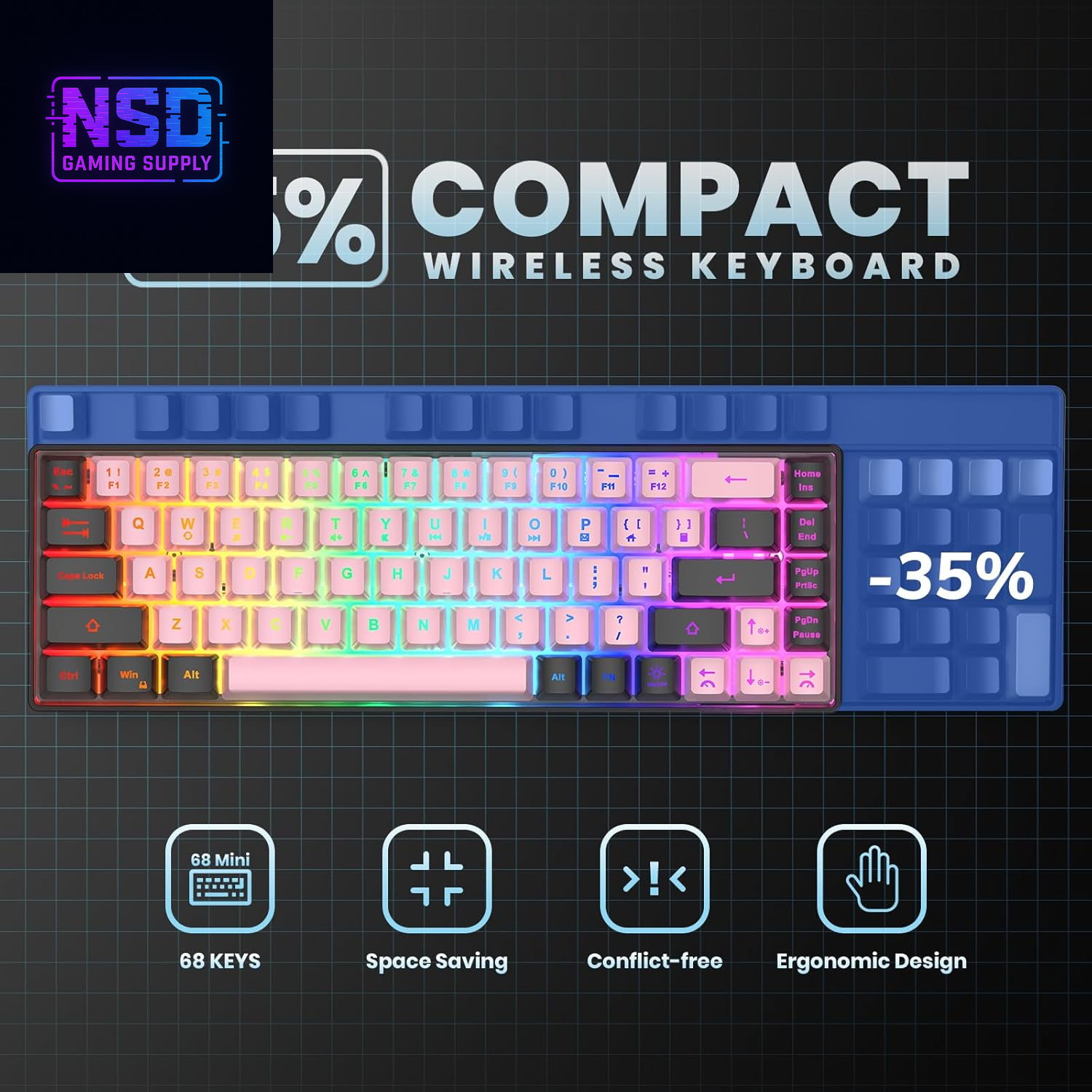 65% Wired Gaming Keyboard, LED Backlit, Ultra-Compact Anti-Ghosting No-Conflict 68 Keys Membrane Gaming Wired Keyboard for PC Laptop Windows Gamer(Pink-Black)