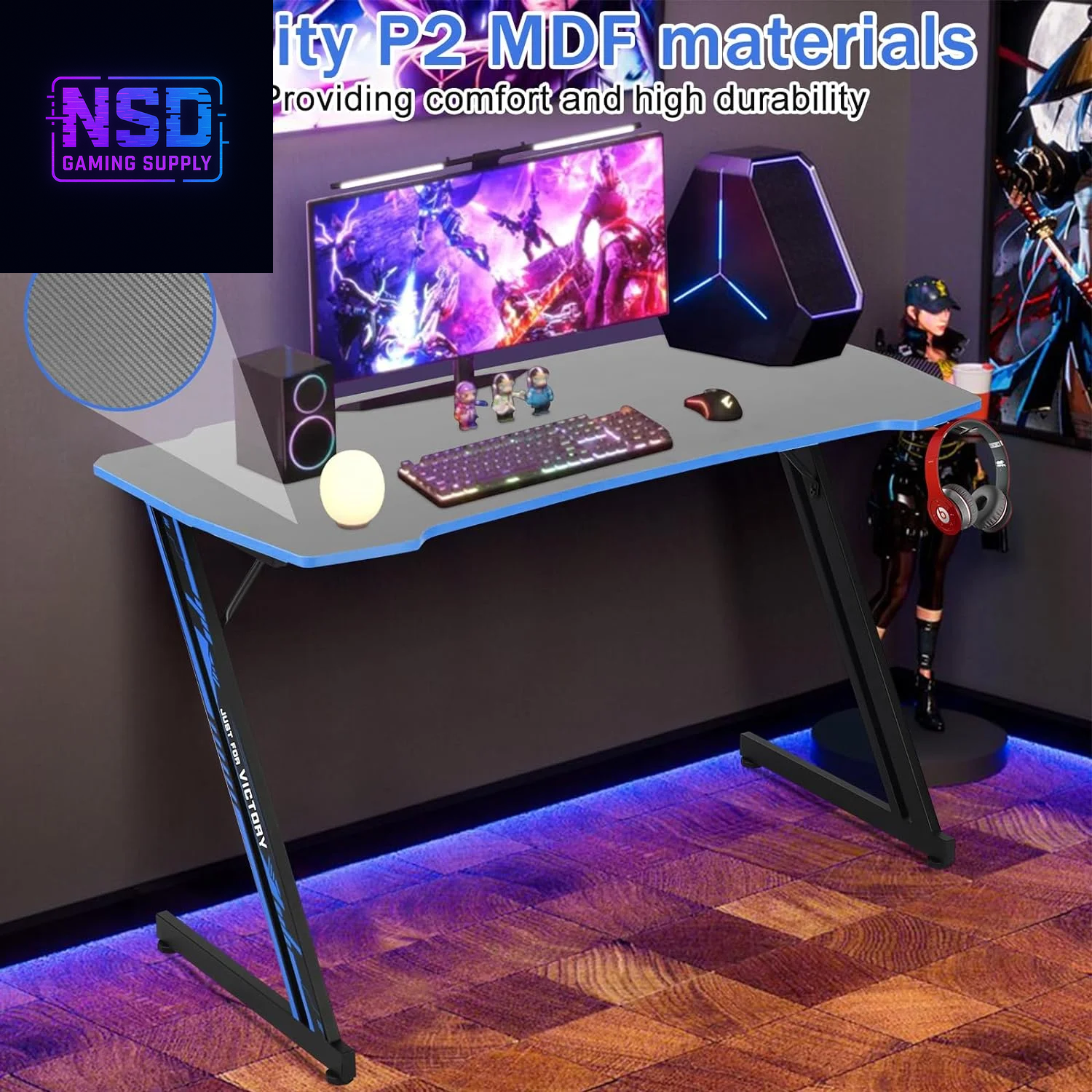 47-Inch Z-Shaped Gaming Desk – Ergonomic Design, Headphone Hook, Cup Holder, Carbon Fiber Texture (Blue)