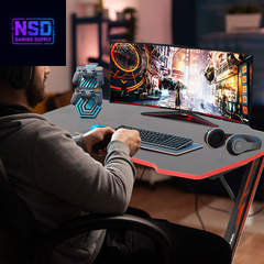 47 Inch Gaming Desk, Z Shaped PC Computer Desk Gaming Workstation with Headphone Hook, Ergonomic Gaming Table PC Desk for Game Players, Red