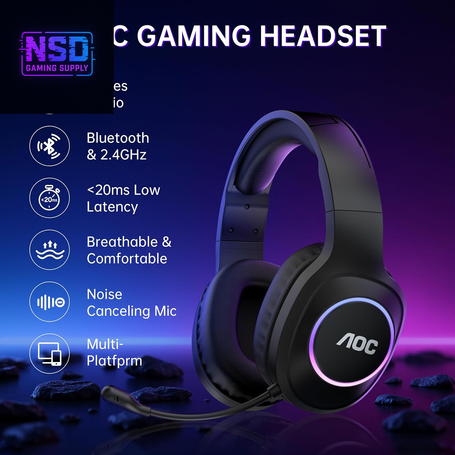 Wireless Gaming Headset Compatible with PS5/4, Nintendo Switch, PC, Bluetooth 5.4 & 2.4Ghz Gaming Headphones with Noise Canceling Mic, RGB, Type-C, 20Ms Latency, 45H, 7.1 Virtual Surround- Black