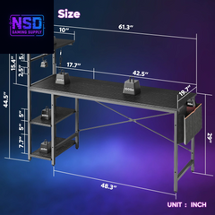 61" Reversible Gaming Desk Computer Desk with LED Lights 4 Tier Shelves Black