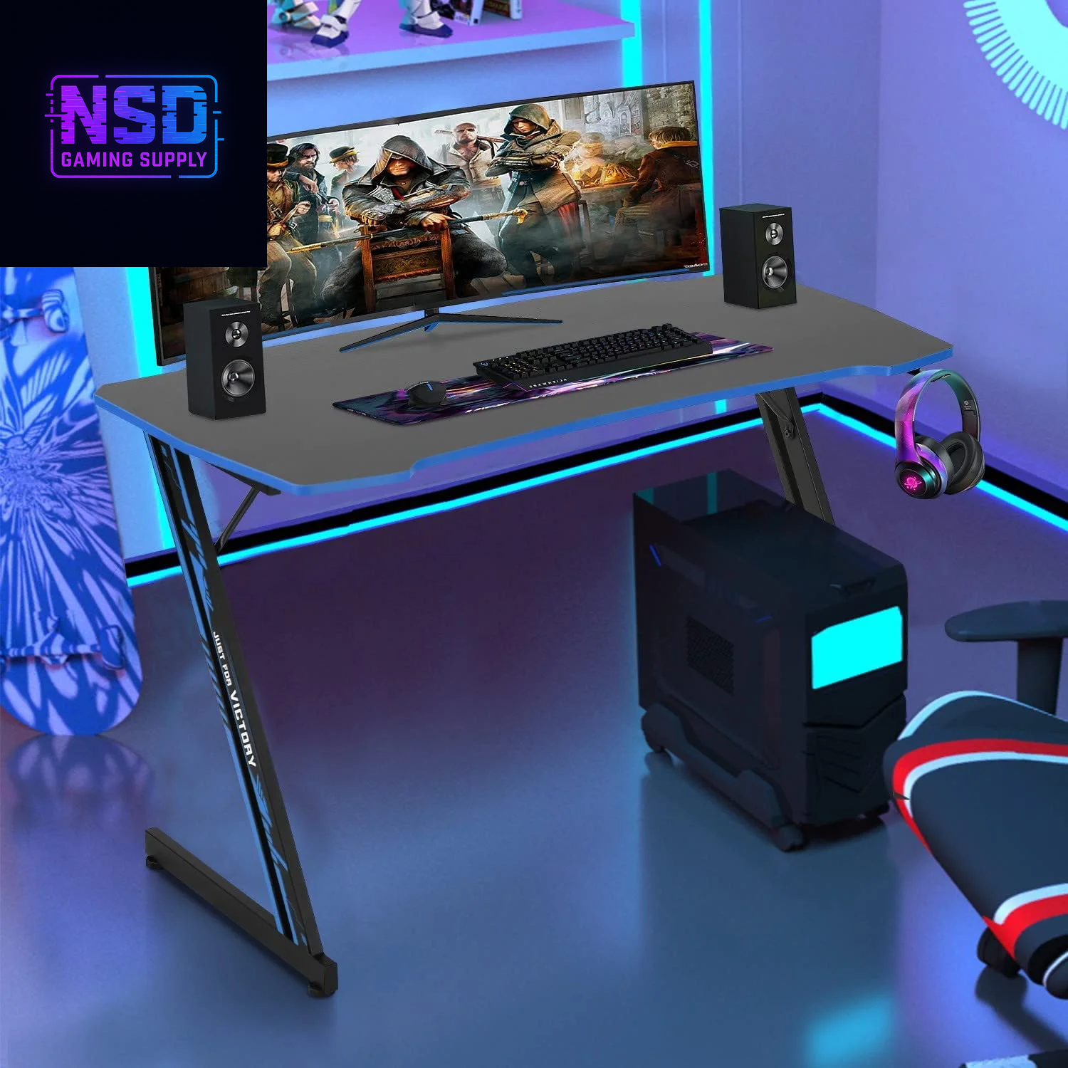 47-Inch Z-Shaped Gaming Desk – Ergonomic Design, Headphone Hook, Cup Holder, Carbon Fiber Texture (Blue)