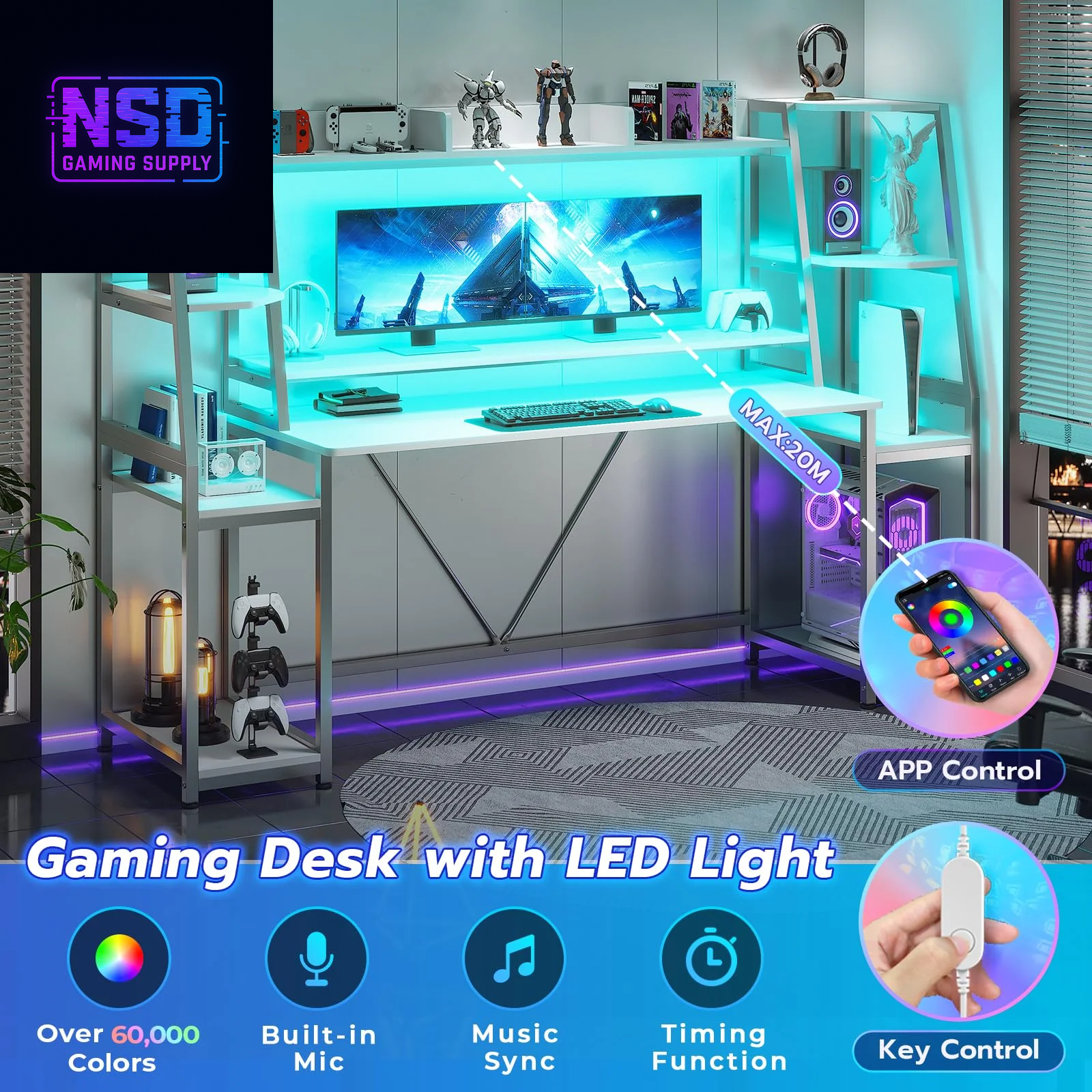 78.8-Inch Gaming Desk – LED RGB Lights, Hutch, Monitor Stand, CPU Holder & Dual Storage Shelves (White)