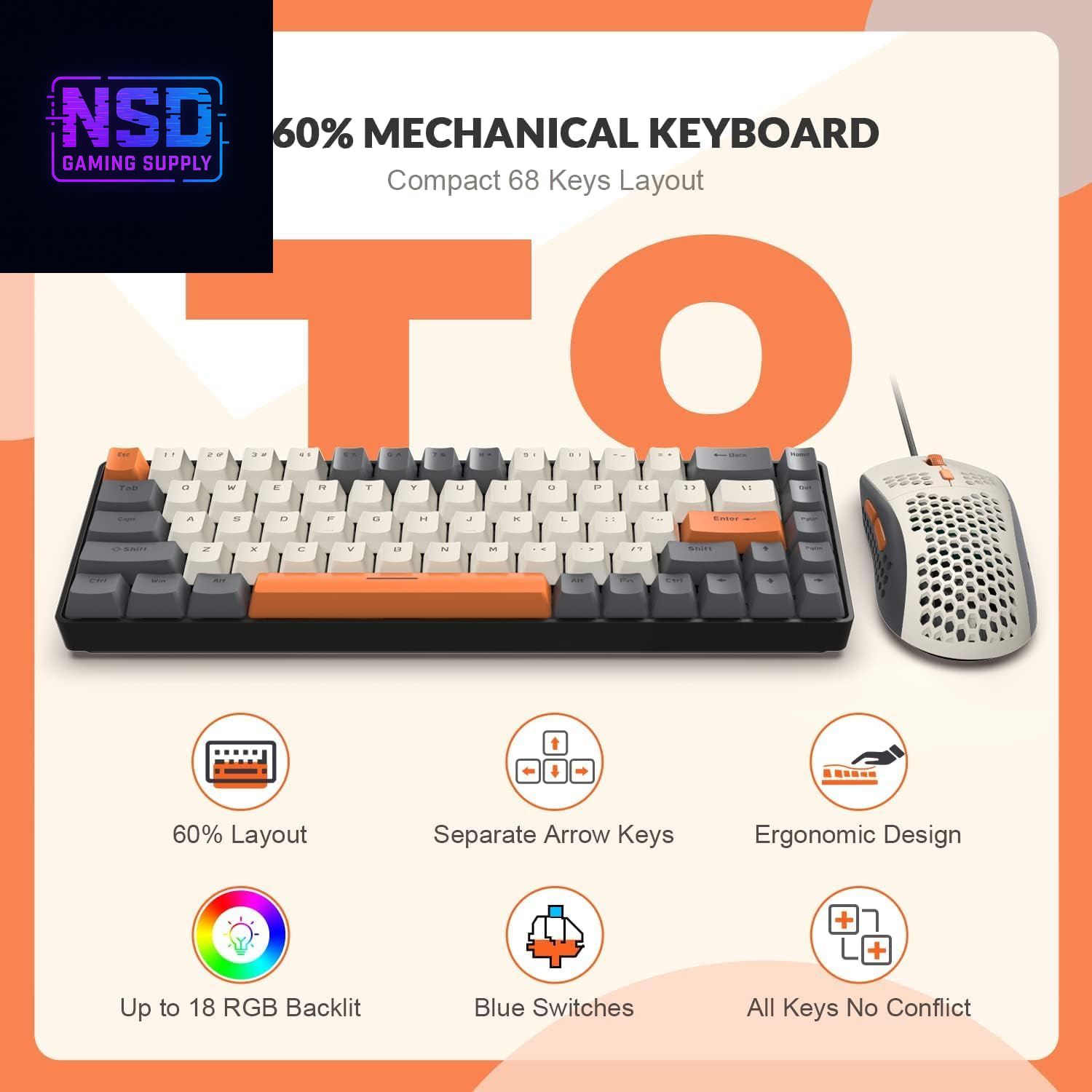 RK-T8PR0 Wired 65% Mechanical Gaming Keyboard and Mouse Combo with RGB Backlit Anti-Ghosting TKL Mini 68 Key Coiled C to a Cable Tactile Blue Switch for PS4 PS5 Xbox PC Mac Gamer(Dark Gray)