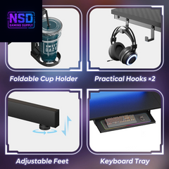 63" Gaming Desk with LED Lights & Power Outlets, Monitor Stand & Keyboard Tray for Home Office, Carbon Fiber Black