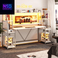 78.8-Inch Gaming Desk – LED RGB Lights, Hutch, Monitor Stand, CPU Holder & Dual Storage Shelves (White)