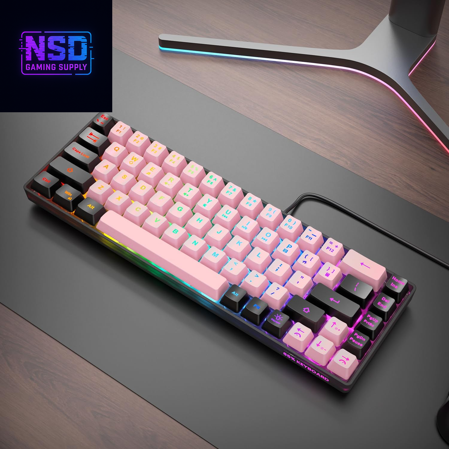 65% Wired Gaming Keyboard, LED Backlit, Ultra-Compact Anti-Ghosting No-Conflict 68 Keys Membrane Gaming Wired Keyboard for PC Laptop Windows Gamer(Pink-Black)