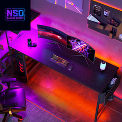 61" Reversible Gaming Desk Computer Desk with LED Lights 4 Tier Shelves Black