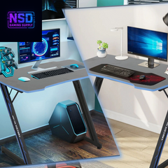 47 Inch Gaming Desk, Z Shaped PC Computer Desk Gaming Workstation with Headphone Hook, Ergonomic Gaming Table PC Desk for Game Players, Blue