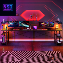 61" Reversible Gaming Desk Computer Desk with LED Lights 4 Tier Shelves Black