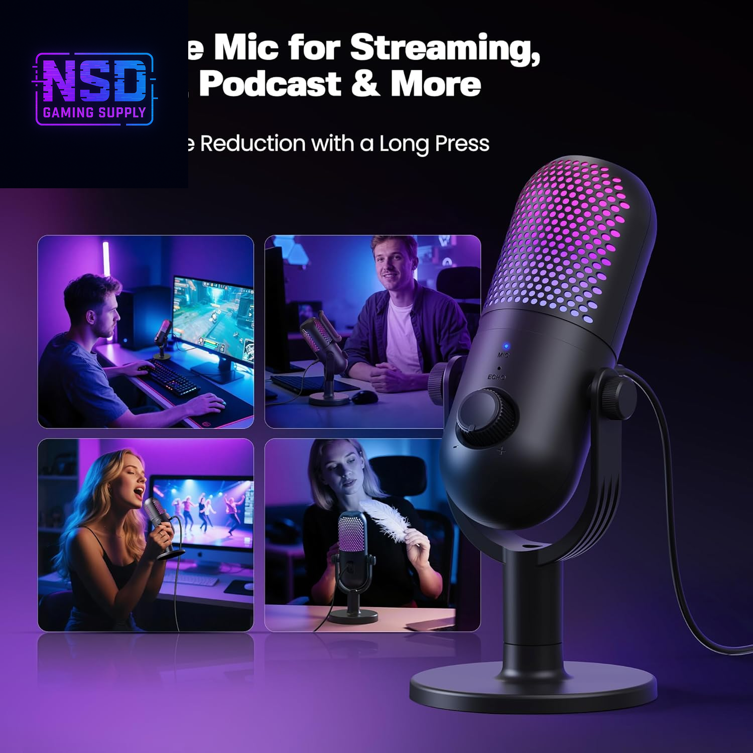 ZTD39 RGB USB Gaming Microphone – Condenser Mic with Noise Reduction, Real-Time Monitoring, Reverb Modes, Tap-to-Mute, and RGB Lighting – for PC, Laptop, PS5, Streaming, and Podcasts