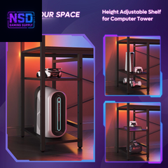 61" Reversible Gaming Desk Computer Desk with LED Lights 4 Tier Shelves Black