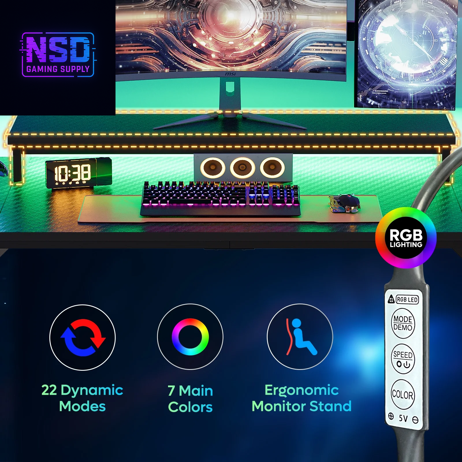 52 Inch Gaming Desk with Power Strip and LED Monitor Stand, Small Computer Desk for Home Office, Carbon Fiber Black