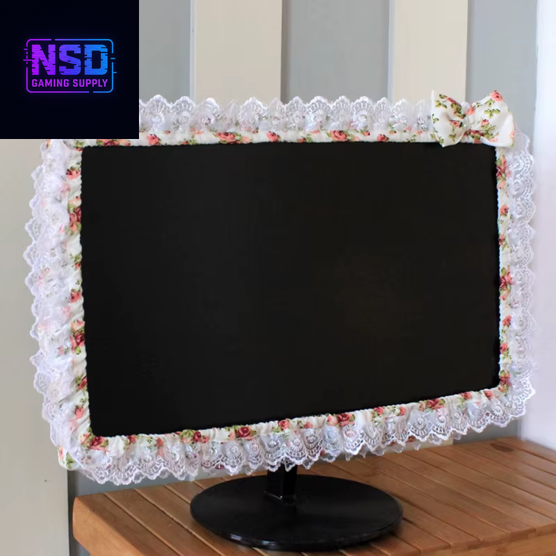 Lace Fabric Computer Frame Cover Monitor Screen Dust Cover with Elastic Pen Pocket Bow Home Decorations