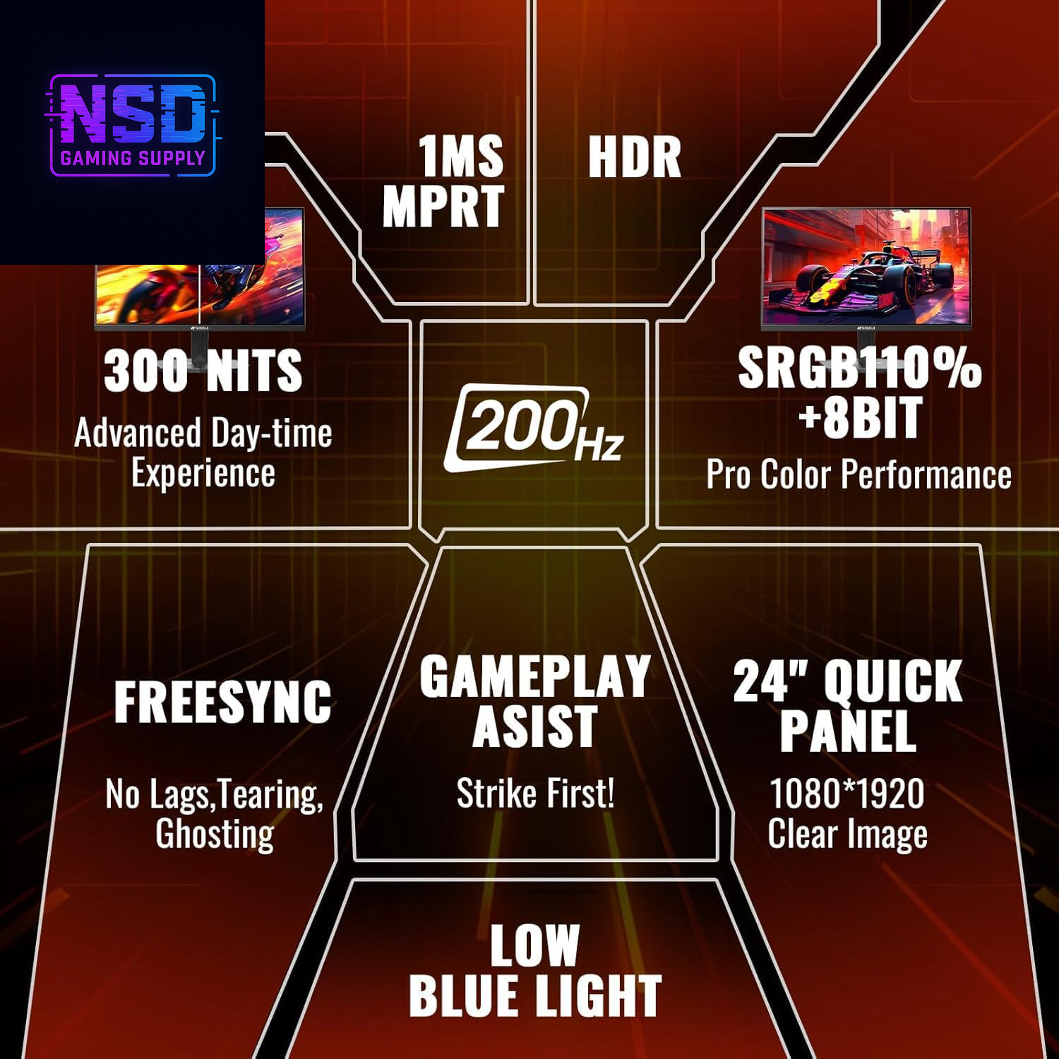 24 Inch Gaming Monitor 200Hz 180Hz 1Ms Freesync HDR 110% Srgb FHD 1080P Computer Monitor HDMI DP Ports Eye Care Frameless VESA Mount Cable Management (ES-G24F4L HDMI Cable Included)