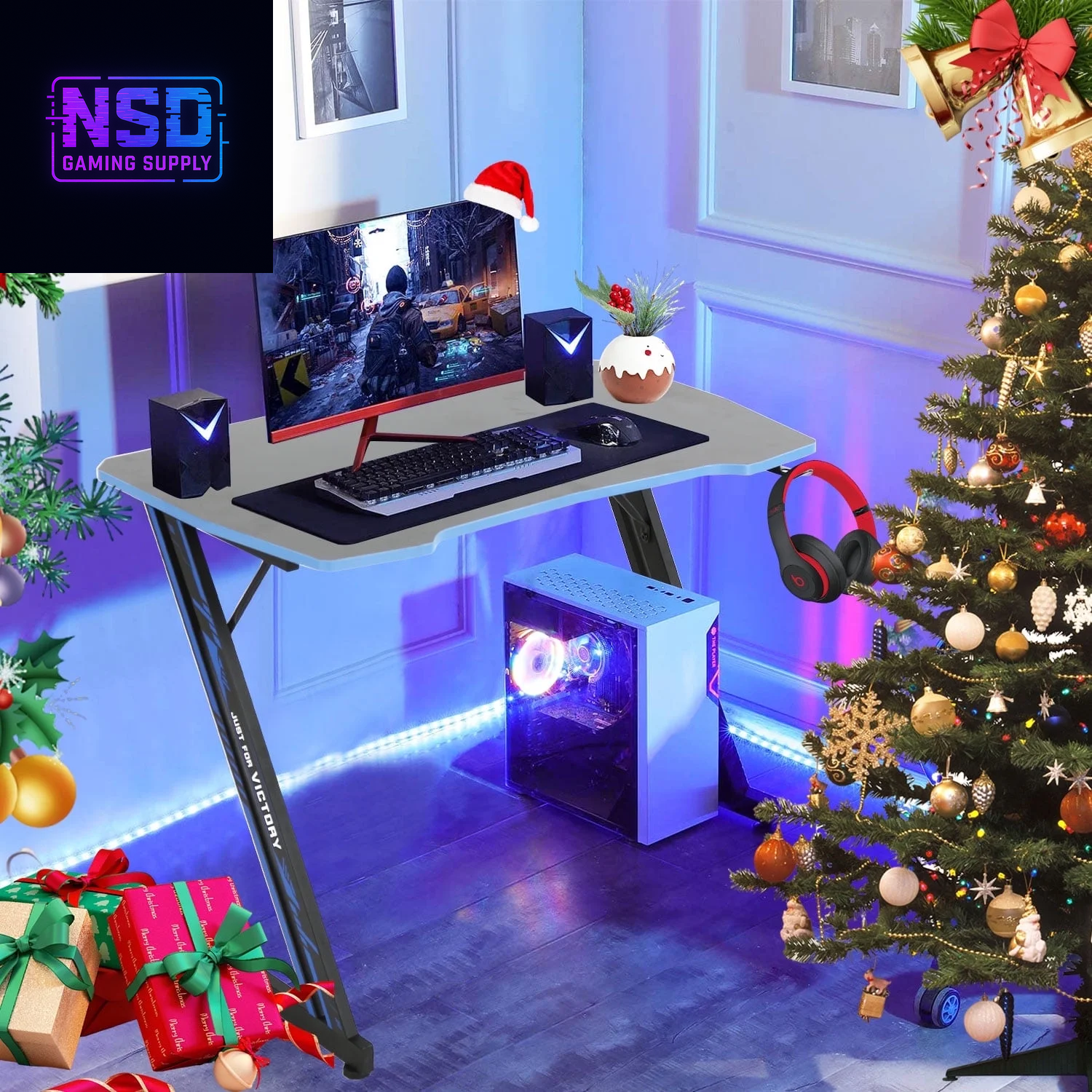 47 Inch Gaming Desk, Z Shaped PC Computer Desk Gaming Workstation with Headphone Hook, Ergonomic Gaming Table PC Desk for Game Players, Blue