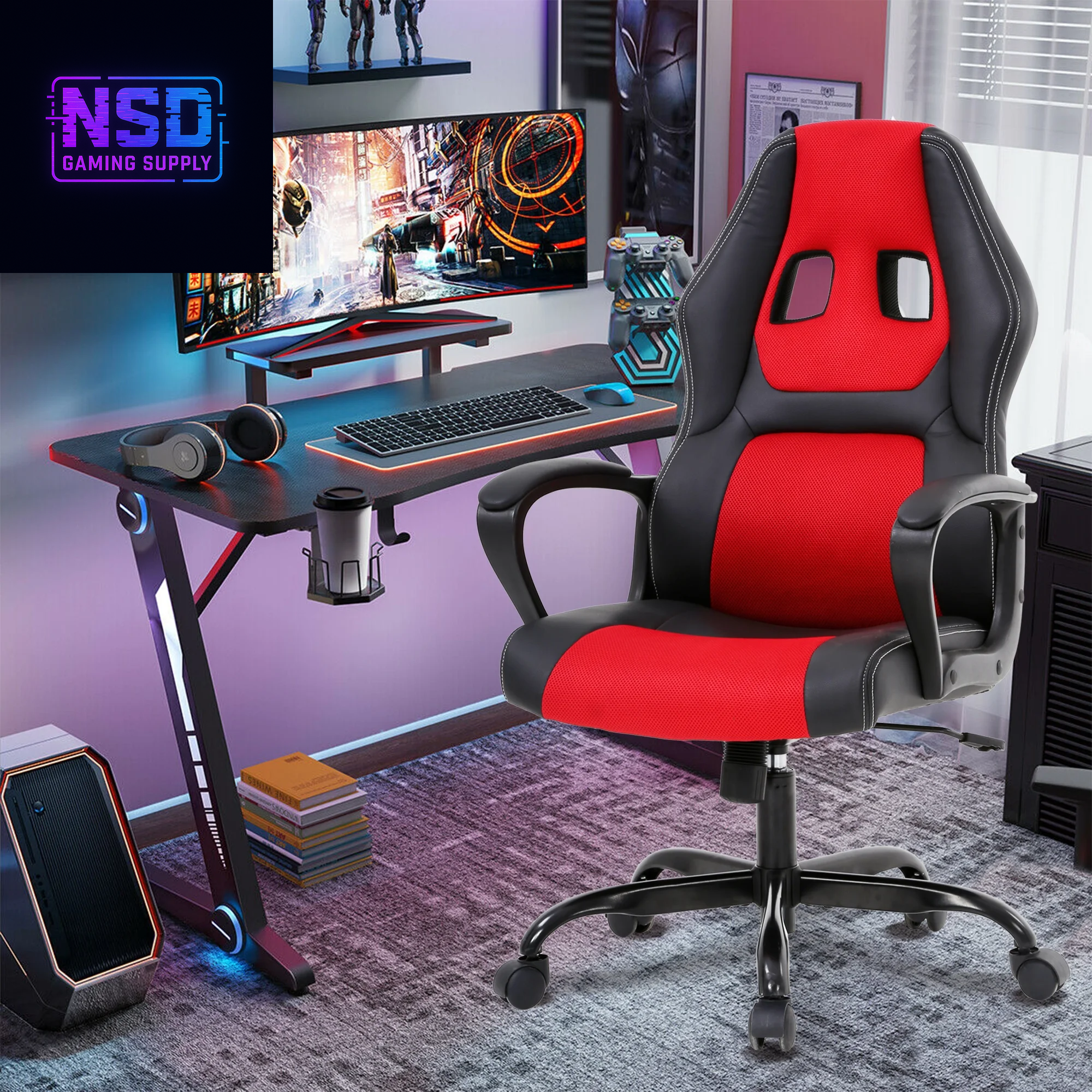 Gaming Chair PC Gaming Chair Gaming Chairs for Adults, Computer Chair PU Leather Office Desk Chair with Arms & Back Ergonomic High-Back Video Game Chair(Red)