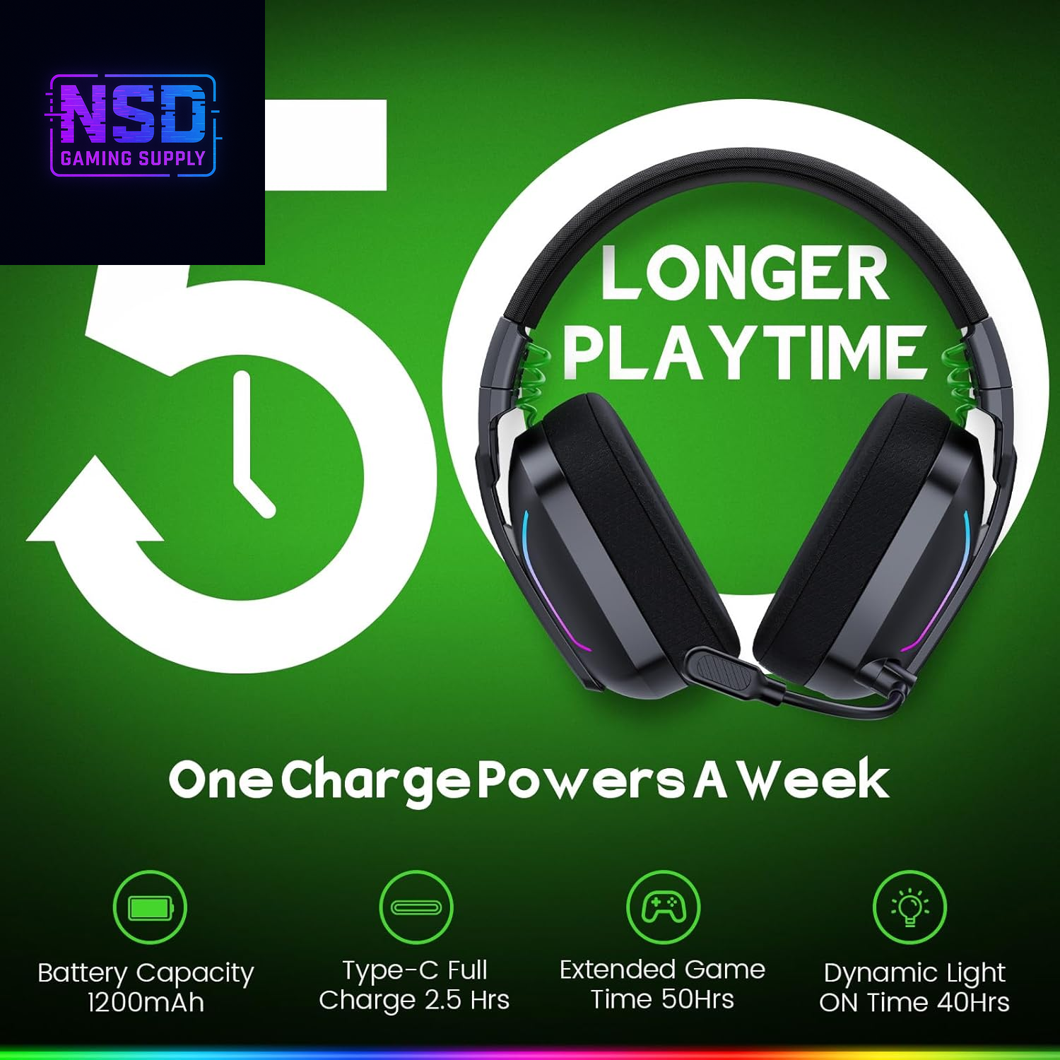 Wireless Gaming Headsets for PC, PS5, PS4, Switch, Mac, 2.4Ghz Wireless Gaming Headphone with ENC Noise Canceling Microphone, Bluetooth 5.4, Cool Lighting, 50H Battery, 50Mm Drivers