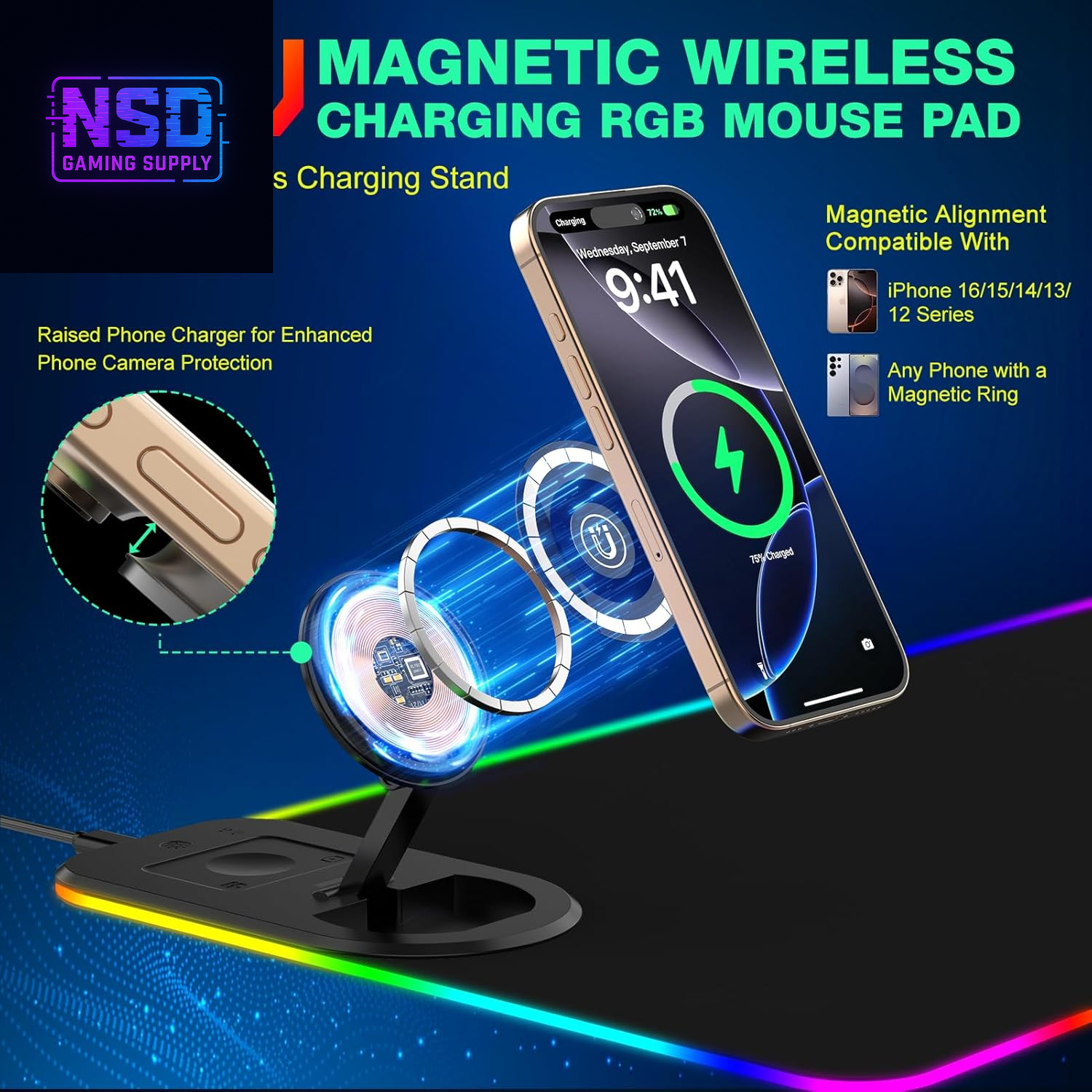 RGB Gaming Mouse Pad Wireless Charging Desk Mat with Foldable Phone Stand, Large LED Gaming Mat 800X350X4Mm, 15 Light Modes, Waterproof, Keyboard Pad for PC Computer, Includes 20W PD Power Adapter