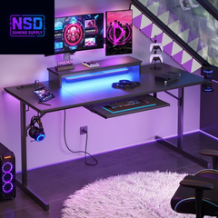 63" Gaming Desk with LED Lights & Power Outlets, Monitor Stand & Keyboard Tray for Home Office, Carbon Fiber Black