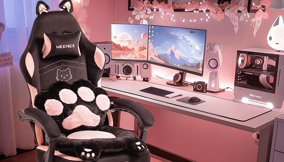 Black gaming chair with cat ears and paw design in a room with a desk and computer setup