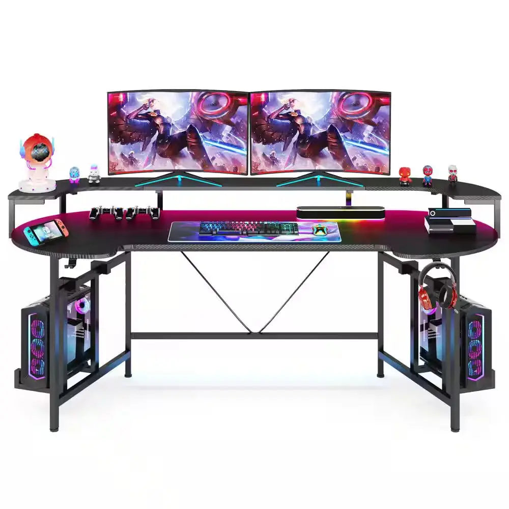 Halseey 75 In. Black Wood and Metal Computer Desk Writing Gaming Desk with Led Strip Monitor Stand