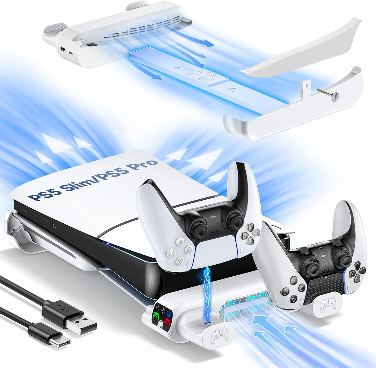 Tokluck PS5 Slim & PS5 Pro Horizontal Cooling Stand, Dual Controller Charger, 3-Speed RGB Fans, White