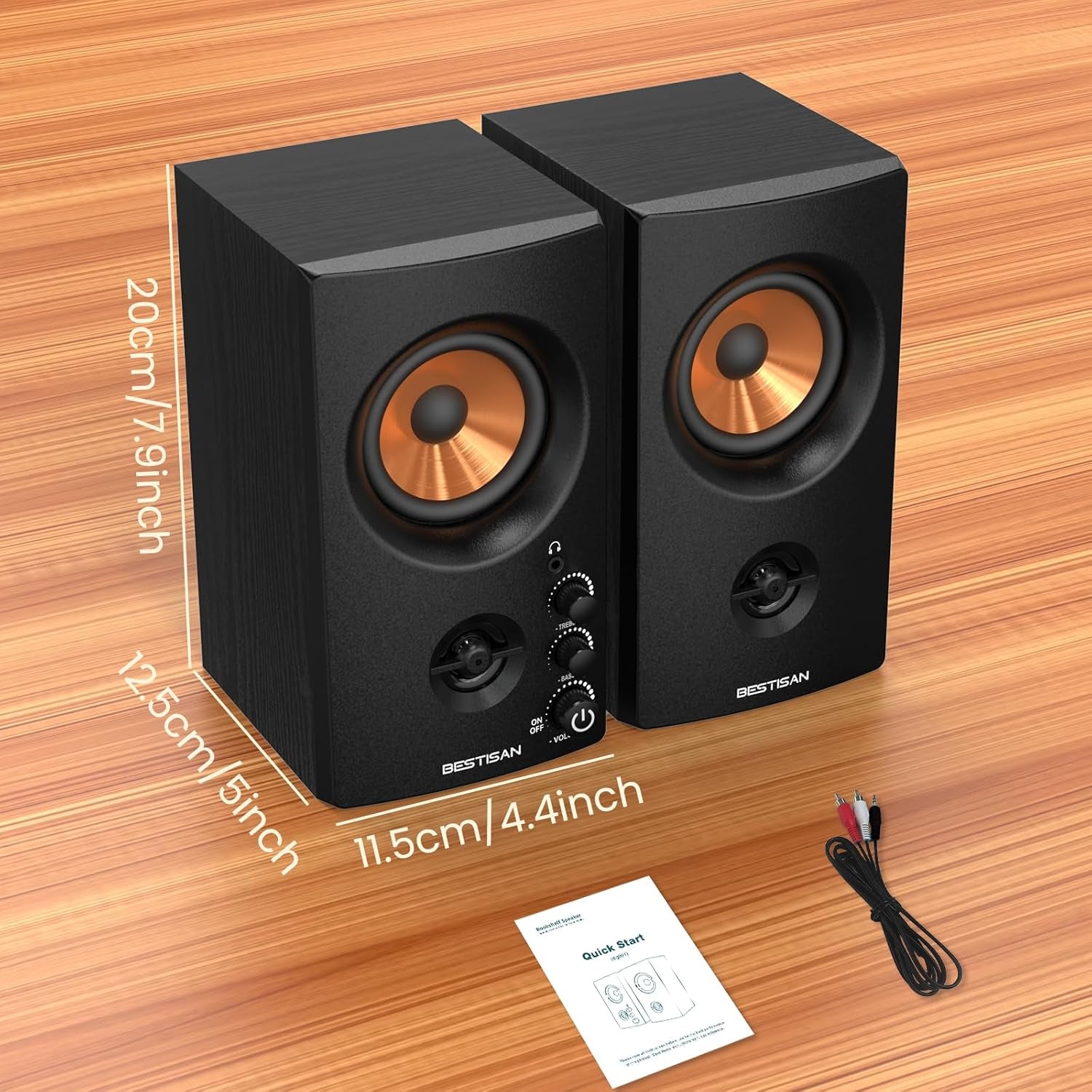 Active Bookshelf Speakers, 50W BT Home Speakers, 3’’ Woofer, 1’’ Silk Dome Tweeter PC Speakers, RCA Speakers for Desktop/Turntable/Tv, Bass & Treble Adjustable, Headphone Port for Gaming