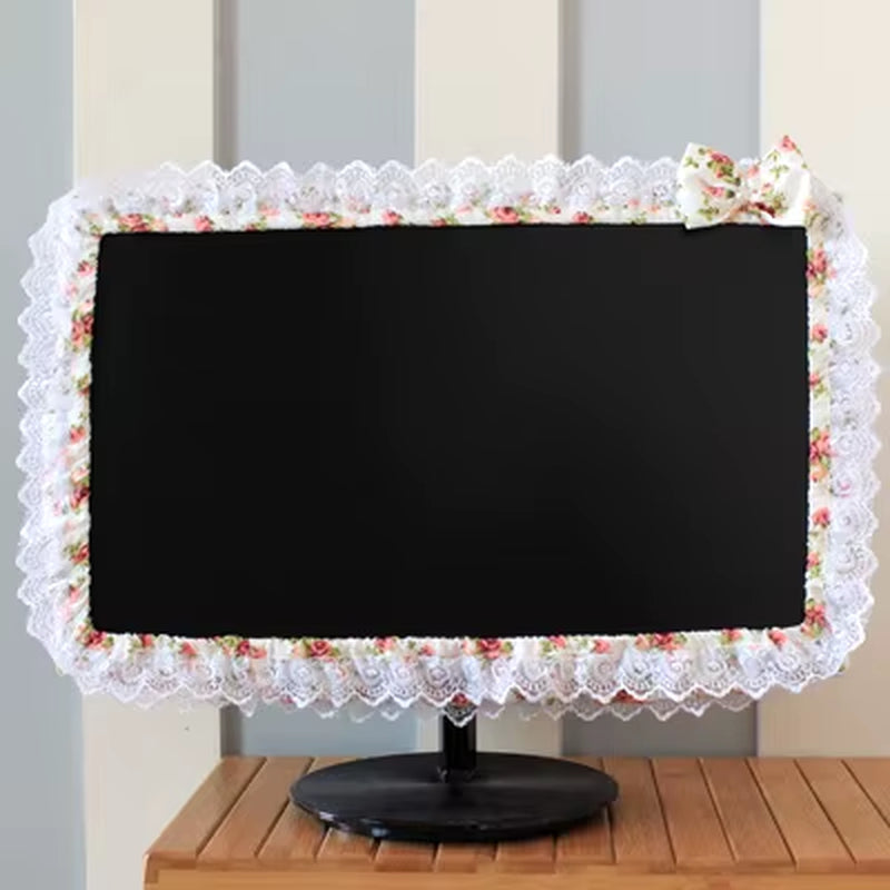Lace Fabric Computer Monitor Dust Cover with Elastic Fit, Decorative Screen Cover with Pen Pocket and Bow, for 17 to 32 Inch Monitors and Laptop