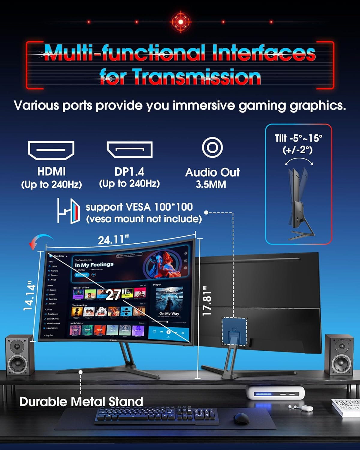 27 Inch Curved 240Hz Gaming Monitor FHD 1080P, 1500R Curve Computer Monitor, 130% Srgb, 4000:1 Contrast, HDR, Freesync, MPRT 1Ms, Low Blue Light, HDMI DP Ports, Metal Stand, DP Cable Incl.