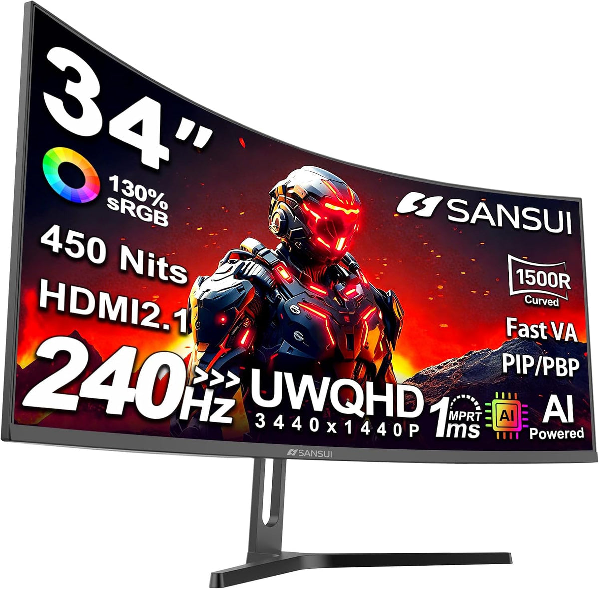SANSUI 34" 240Hz Curved Ultrawide Gaming Monitor, 3440x1440 UWQHD, 1ms, FreeSync, HDR