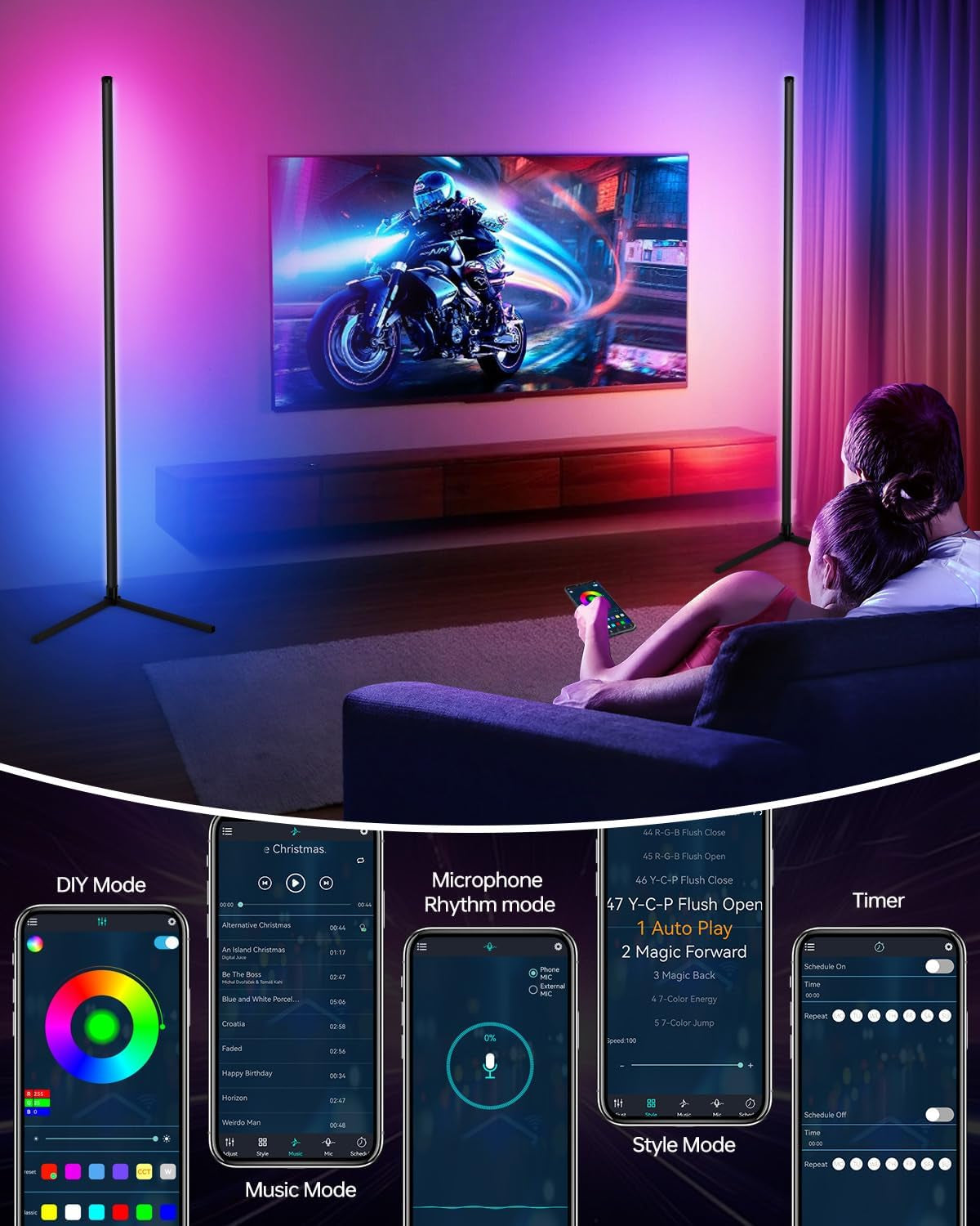 Smart RGB Corner Floor Lamp, APP & Voice Control, 16 Million Color Changing LED Light with Remote, Dimmable Ambient Lighting for Bedroom, Living Room, Game Room