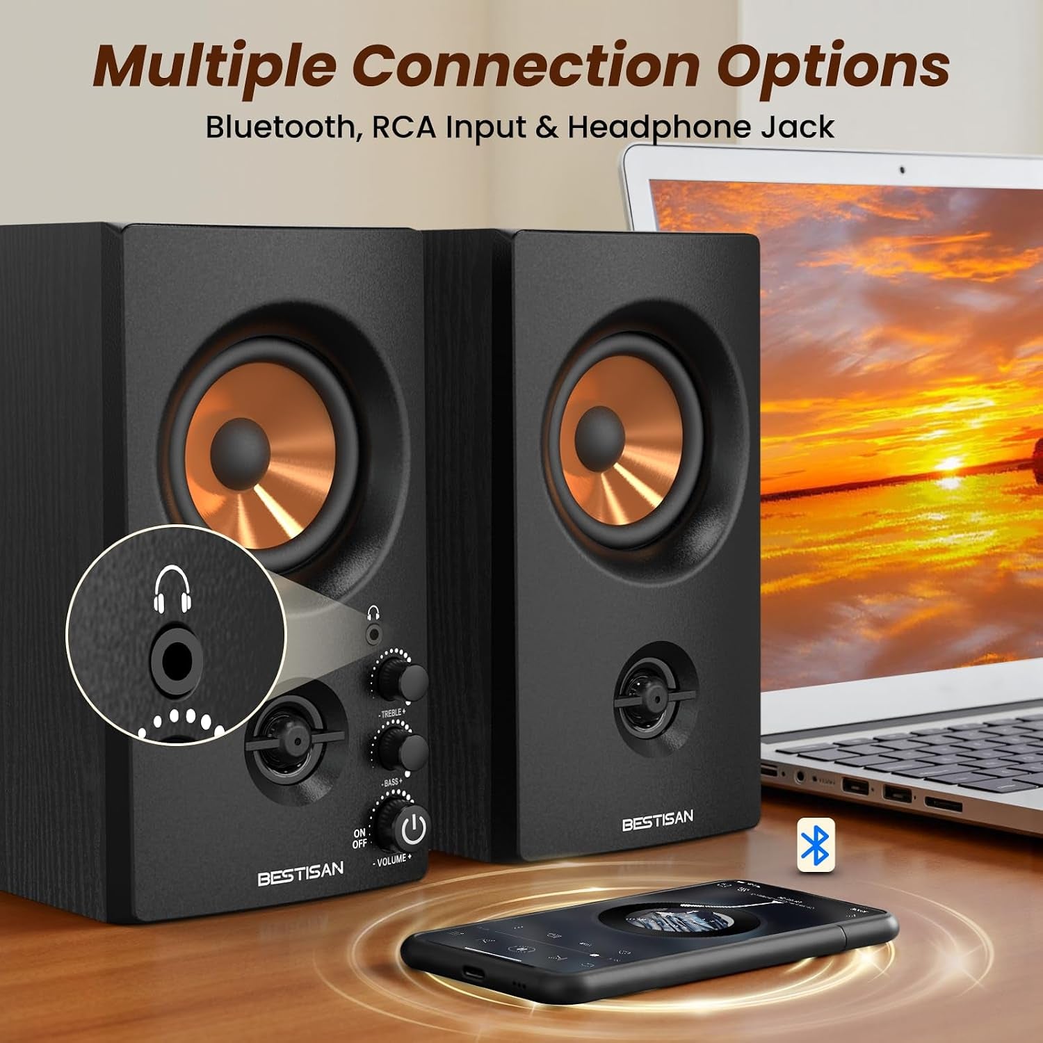 Active Bookshelf Speakers, 50W BT Home Speakers, 3’’ Woofer, 1’’ Silk Dome Tweeter PC Speakers, RCA Speakers for Desktop/Turntable/Tv, Bass & Treble Adjustable, Headphone Port for Gaming