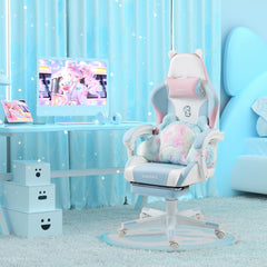 Vlgoslt Cat Ear Gaming Chair with Footrest - Adjustable Lumbar Support, 310Lbs Capacity.Removable Cute Ears, Cotton-Filled Ergonomic Computer Chair for Girls/Teens (Blue Pink)