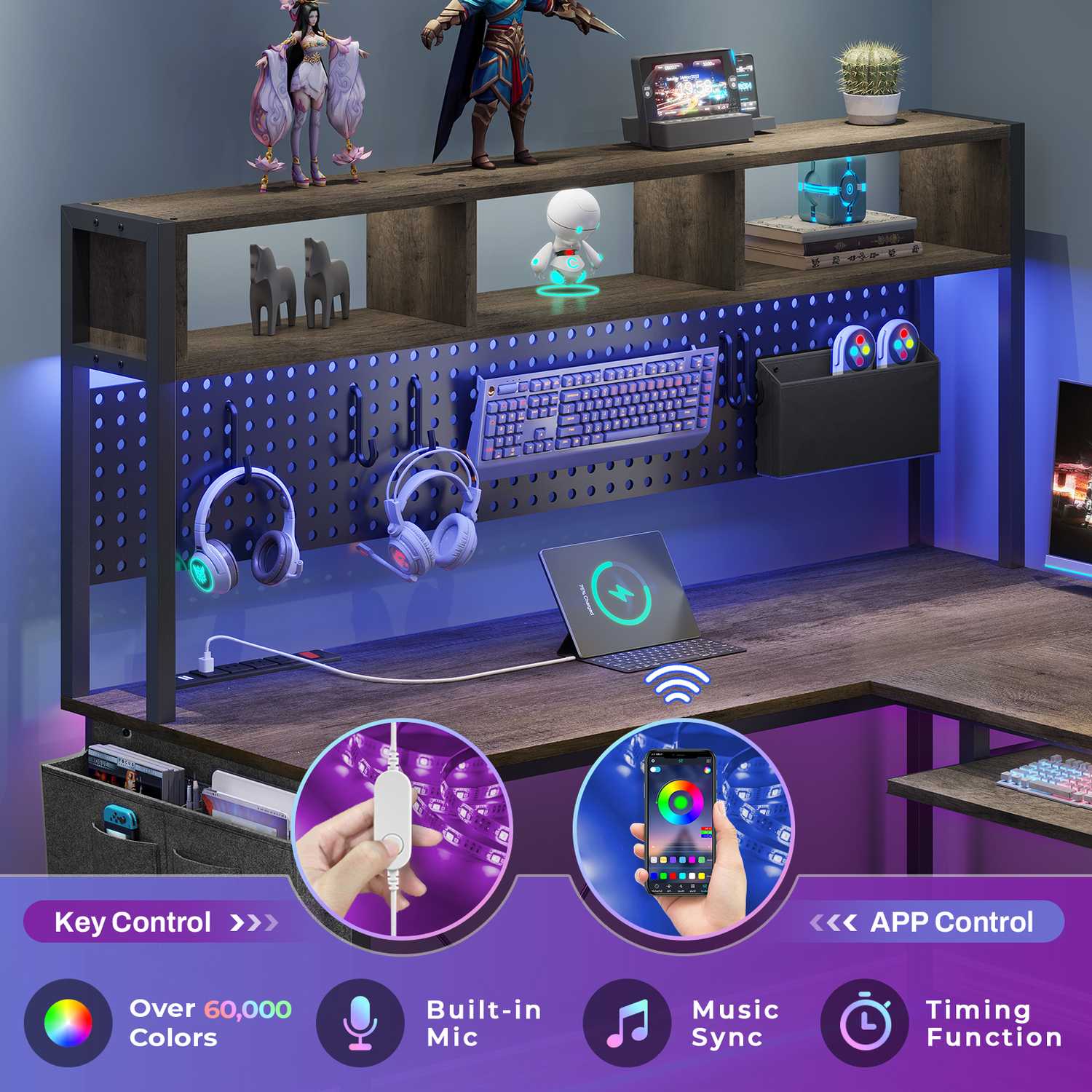 67 Inch L Shaped Gaming Desk Reversible Computer Desk with Led Lights Power Outlet Pegboard