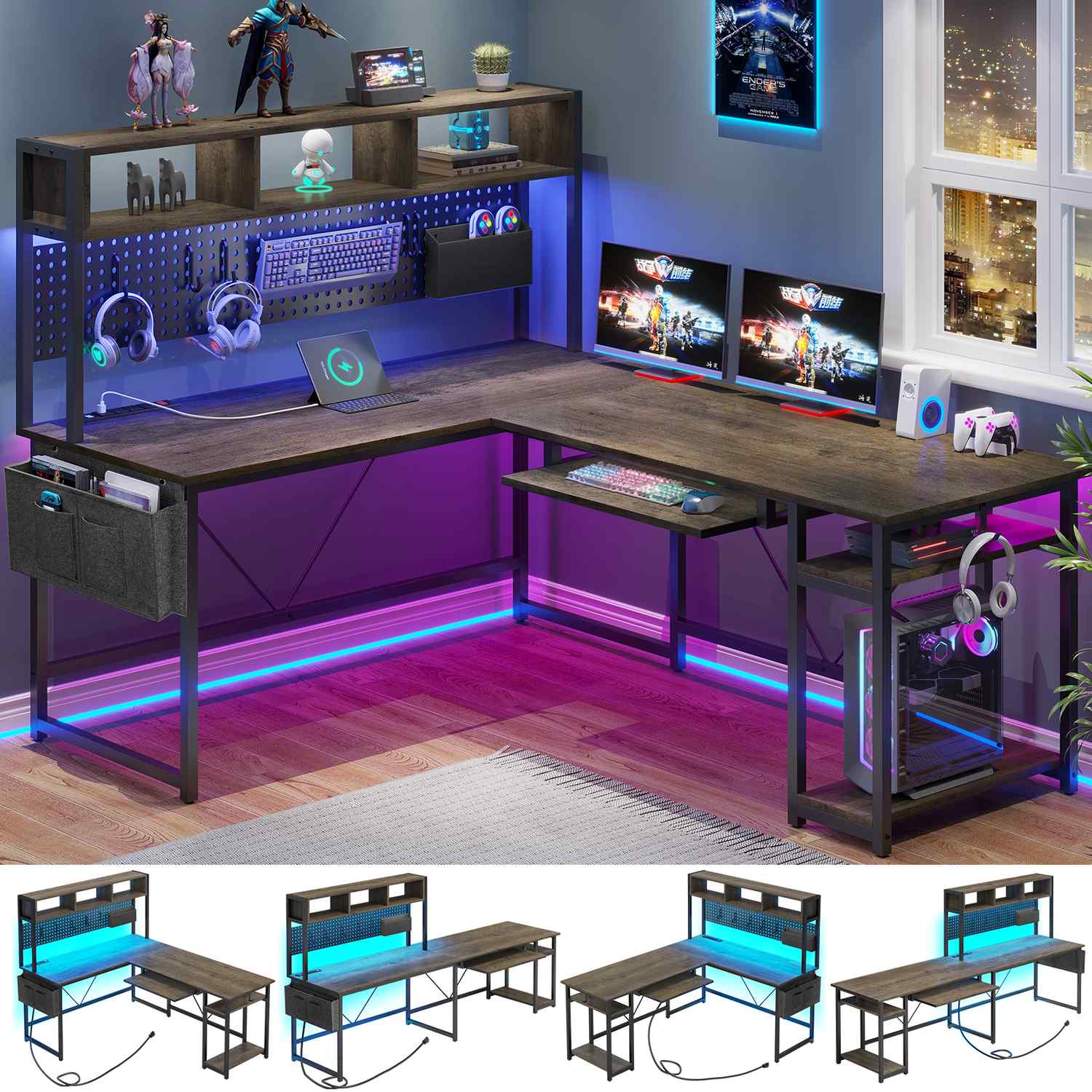 67 Inch L Shaped Gaming Desk Reversible Computer Desk with Led Lights Power Outlet Pegboard