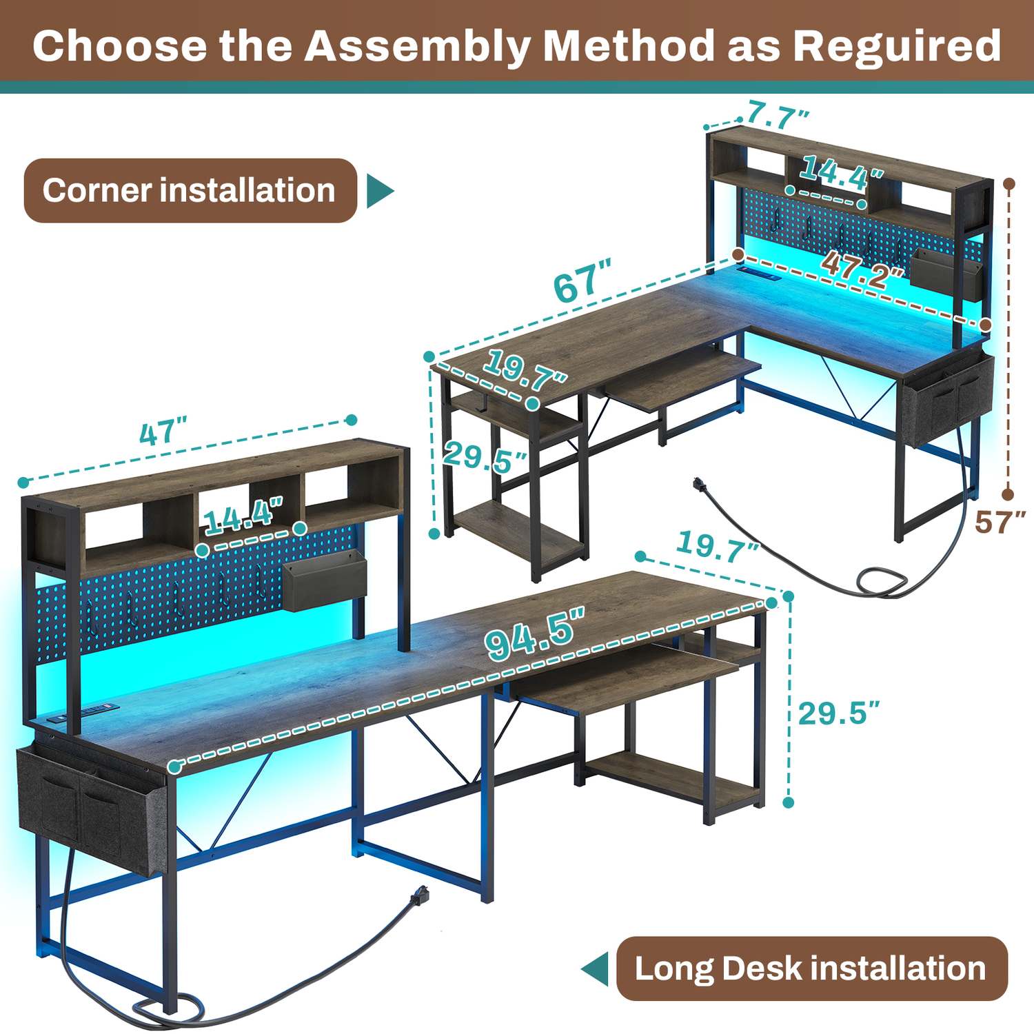 67 Inch L Shaped Gaming Desk Reversible Computer Desk with Led Lights Power Outlet Pegboard