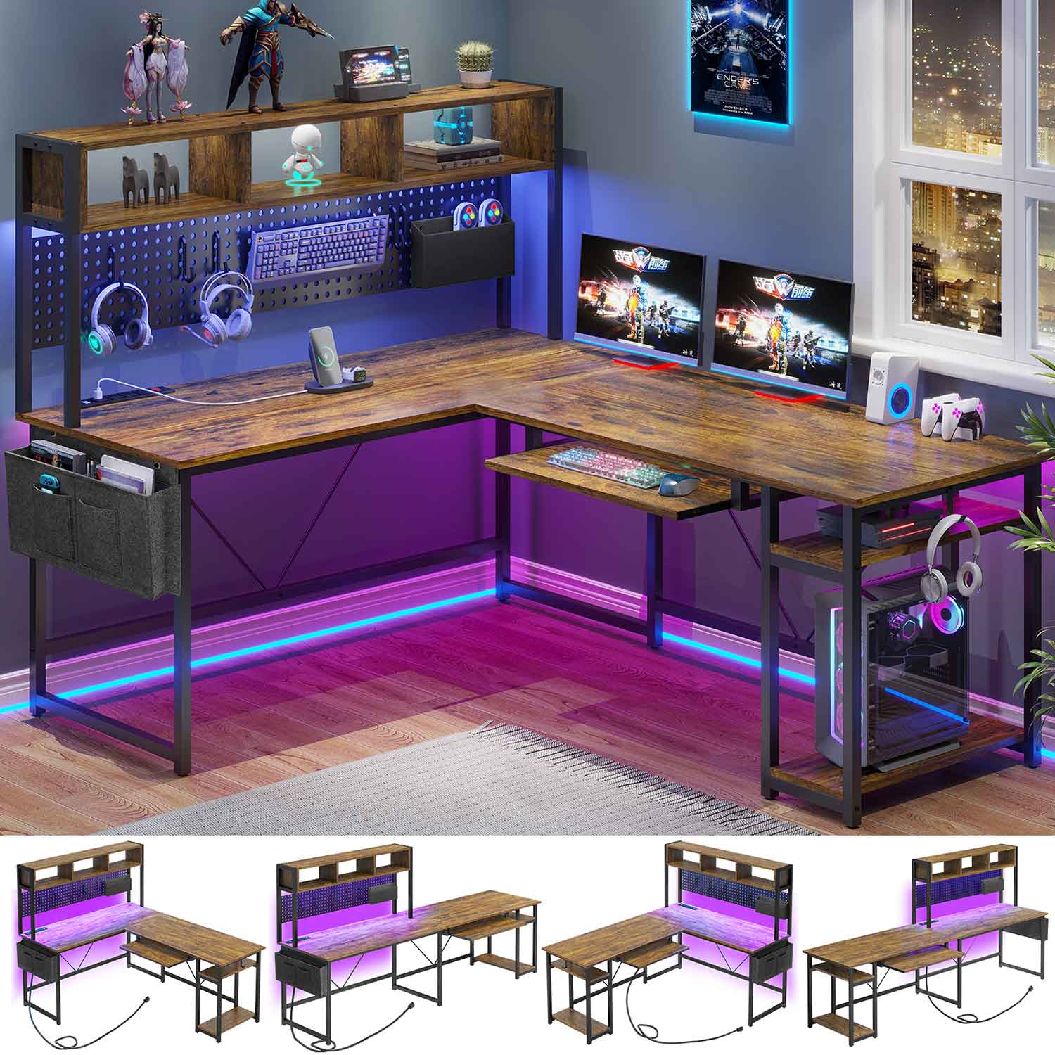 67 Inch L Shaped Gaming Desk Reversible Computer Desk with Led Lights Power Outlet Pegboard