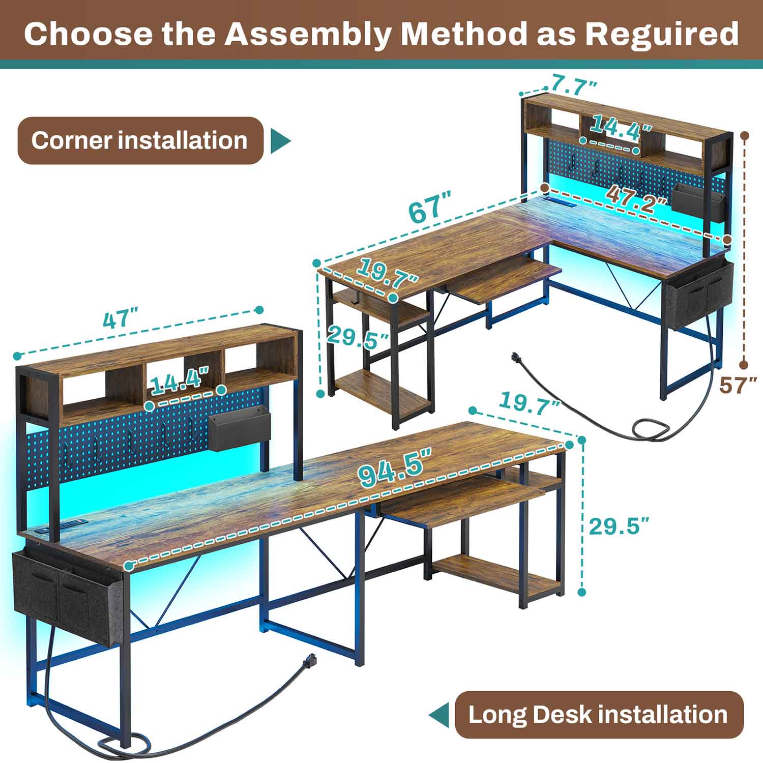 67 Inch L Shaped Gaming Desk Reversible Computer Desk with Led Lights Power Outlet Pegboard