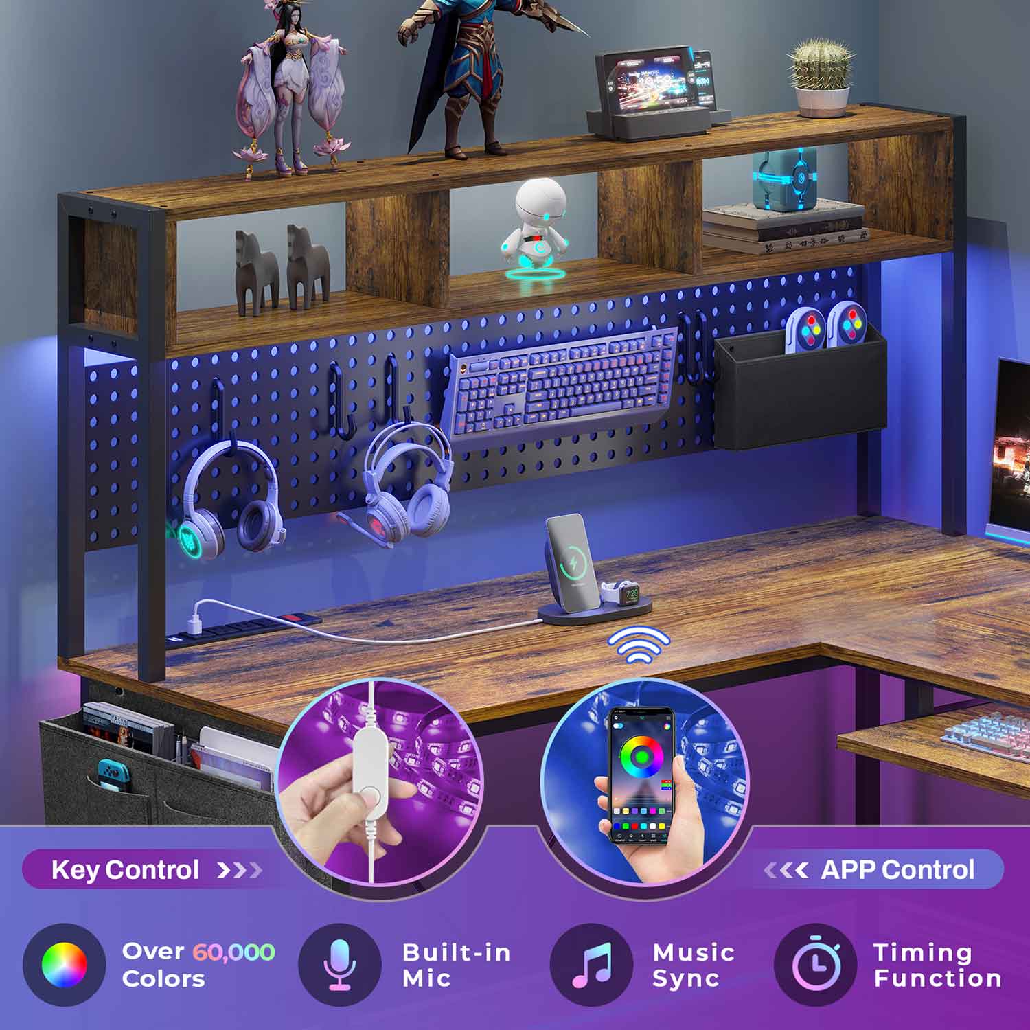 67 Inch L Shaped Gaming Desk Reversible Computer Desk with Led Lights Power Outlet Pegboard