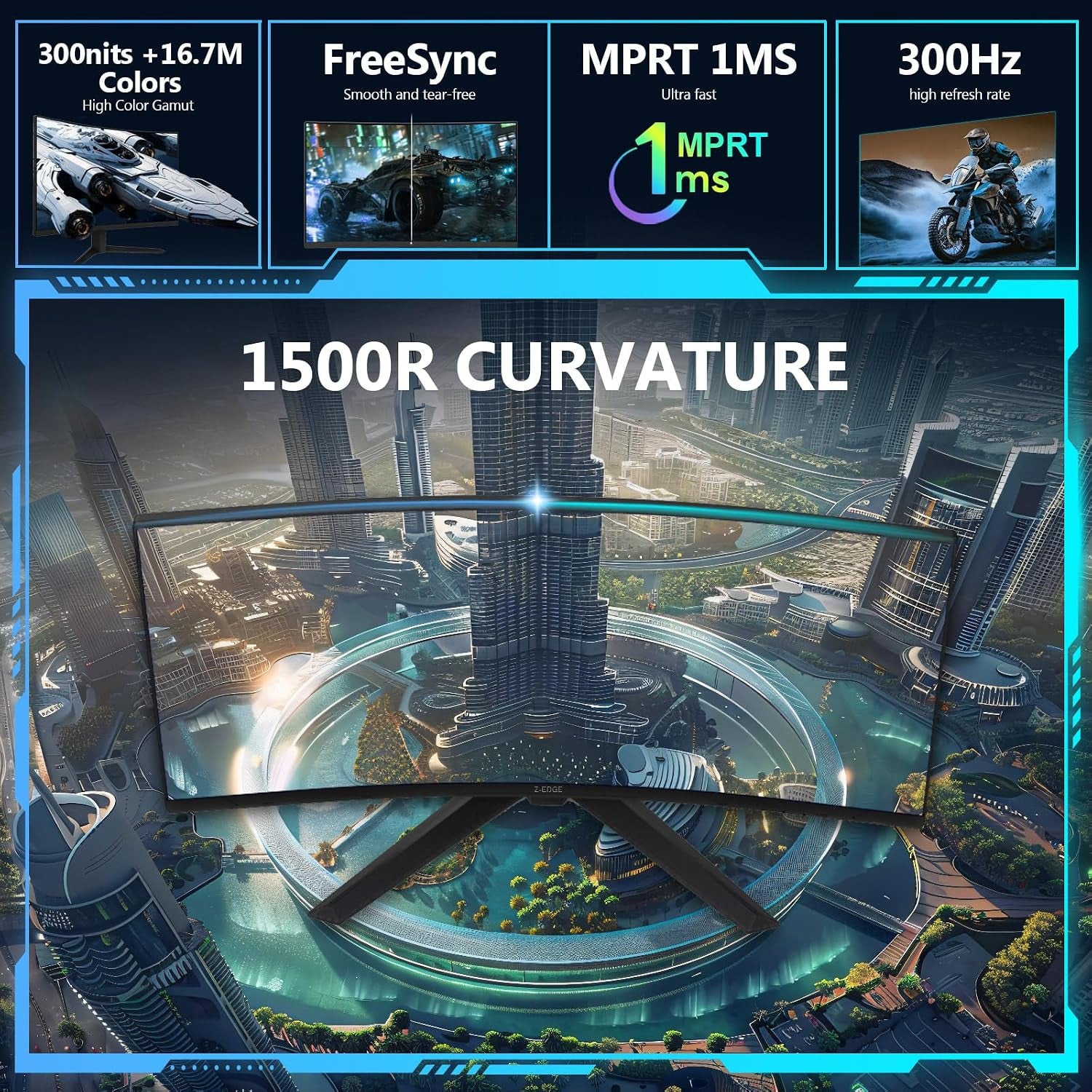 Z-Edge 27 Inch Curved Gaming Monitor, 1080P, 300Hz/240Hz Computer Screen | UG27S 1500R Curved Computer Monitor, 1Ms, Freesync, Low Blue Light, Dual DP & HDMI, Metal Stand, for Office & Gaming