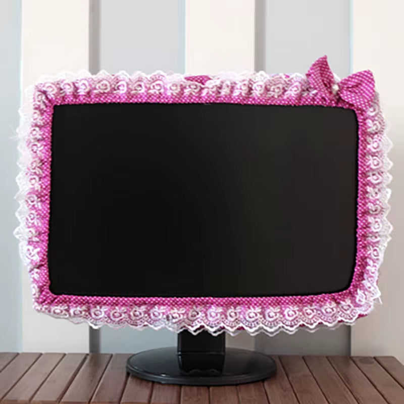 Lace Fabric Computer Monitor Dust Cover with Elastic Fit, Decorative Screen Cover with Pen Pocket and Bow, for 17 to 32 Inch Monitors and Laptop